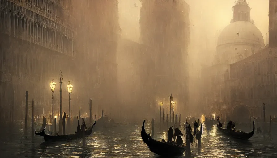 Image similar to Venice turned to a Dieselpunk city, steam, dieselpunk gondola, oil petroleum rivers, epic composition, intricate, elegant, volumetric lighting, digital painting, highly detailed, artstation, sharp focus, illustration, concept art, ruan jia, steve mccurry