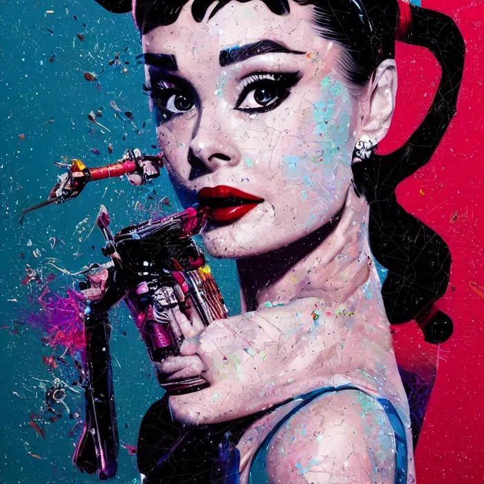 Image similar to portrait of Audrey Hepburn as a harley quinn. intricate abstract. intricate artwork. by Tooth Wu, wlop, beeple, dan mumford. octane render, trending on artstation, greg rutkowski very coherent symmetrical artwork. cinematic, hyper realism, high detail, octane render, 8k, iridescent accents