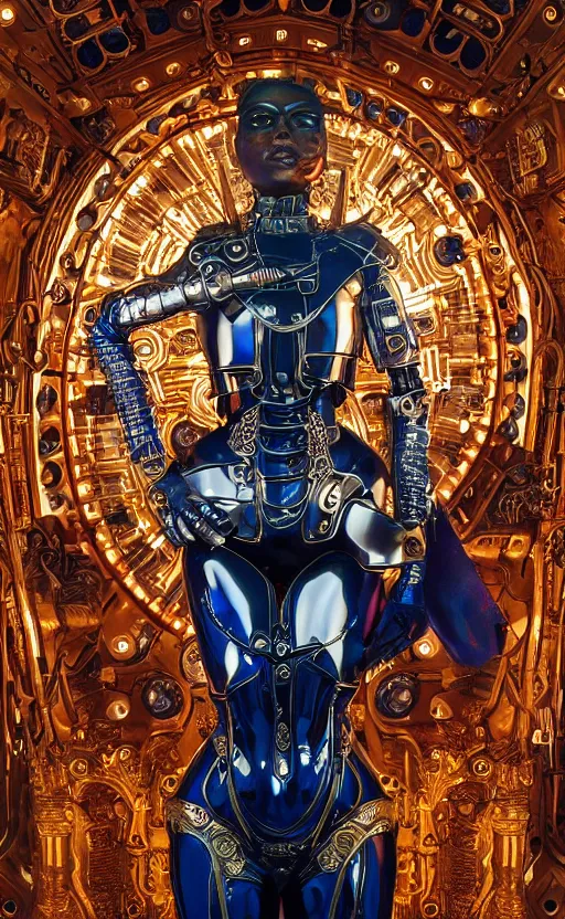 Image similar to the stunning young cyborg muse, piercing glowing eyes, fashion ornate royal armor, striking composition, highly detailed ornate sci fi background, vogue poses, striking composition, vivid details, wires, glowing tubes, beautiful composition, mural in the style of sandro botticelli, caravaggio, albrecth durer, 8k