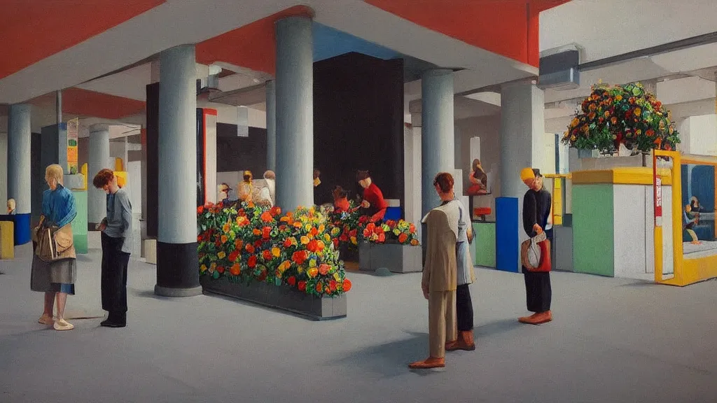 Prompt: seeral people waiting in bus stop with colorful minimalist industrial interior hallway with monolithic pillars in the style of ridley scott and stanley kubrick, impossible stijl architecture, bed of flowers on floor, ultra wide angle view, realistic detailed painting by edward hopper