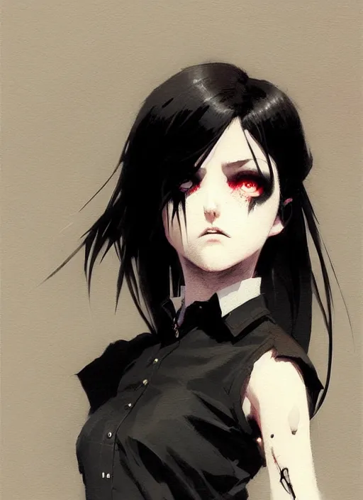 Image similar to ultradetailed beautiful panting of a stylish goth woman wearing a shirt with a tie, dramatic, she has black hair, distressed, by greg rutkowski, ashley wood, makoto shinkai, ilya kuvshinov, on artstation