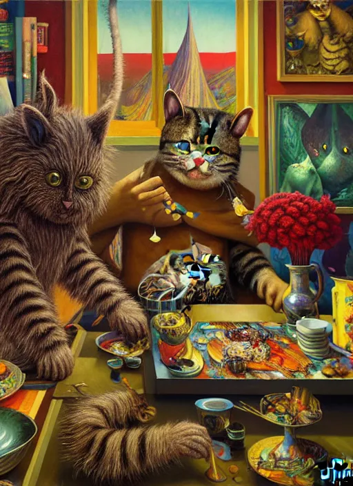 Prompt: hyper detailed 3d render, Oil painting, a cat dinner party - where the wild things are by Jacek Yerka, Mariusz Lewandowski, Houdini algorithmic generative render, Abstract brush strokes, Masterpiece, Edward Hopper and James Gilleard, Zdzislaw Beksinski, Mark Ryden, Wolfgang Lettl, hints of Yayoi Kasuma, octane render, 8k