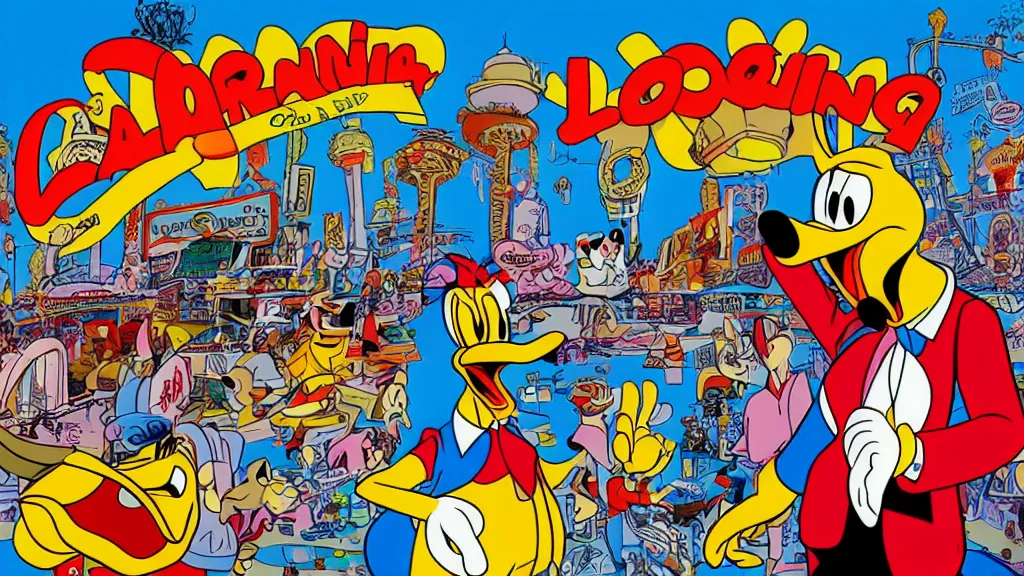 Image similar to fear and loathing in las vegas featuring donald duck, animation movie scene by don rosa