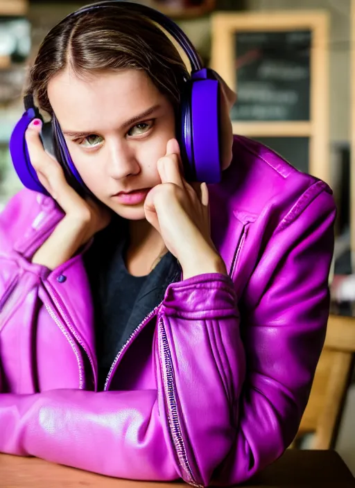 Image similar to young adult woman in a coffee shop wearing bright purple headphones and a pink leather jacket looking unamused, natural light, award winning magazine photo, 5 0 mm lens