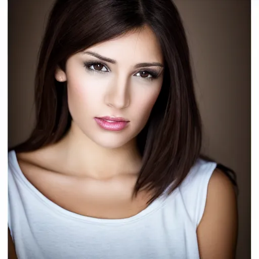 Image similar to portrait photo of a charismatic beautiful brunette female looking into the camera, indoors, f 1. 4, golden ratio, rim light, top light, overcast day