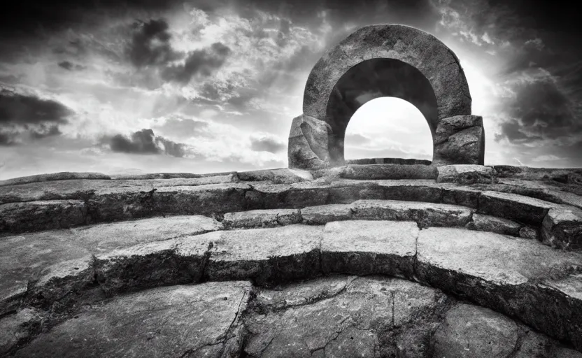 Prompt: ancient occult stargate made of stone that form a circle, cinematic view, epic sky