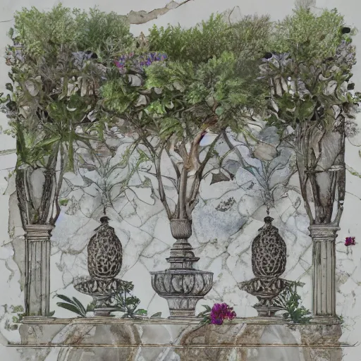 Image similar to delicate marble garden on paper, stony, puffy, botanical herbarium, botanic watercolors, iridescent colors, 8 k, realistic shaded, fine details, artstation, italian, colonnade, oak tree, pinecone, pomegranade, hydrangea, vines, gardena architecture, pompeii