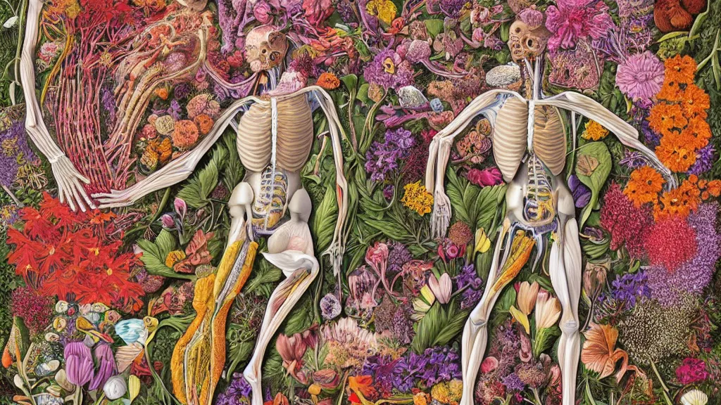 Prompt: highly detailed illustration of a human anatomy body exploded by all the known species of flowers by oliver vernon, by juan gatti