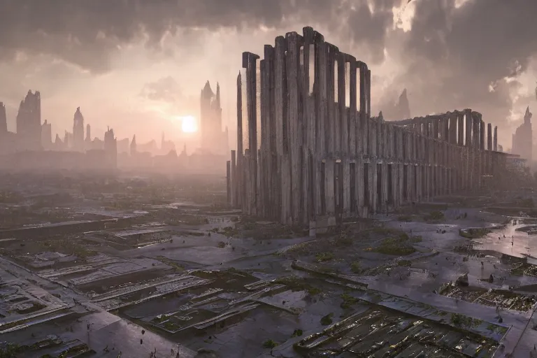 Prompt: an enormous, extremely detailed cathedral of brutalist architecture, covered with greebles, stunning volumetric light, sunset, metal, concrete and translucent material, stunning skies, majestic landscape, trending on Artstation, 8k, photorealistic, hyper detailed, unreal engine 5, IMAX quality, cinematic, epic lighting, in the style of Greg Rutkowski