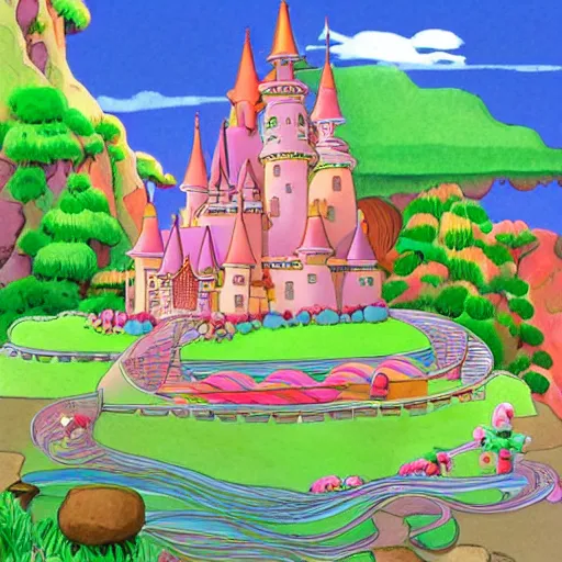 Image similar to candyland castle in the style of studio ghibli