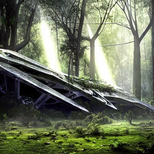 Prompt: a broken alien supercomputer covered in foliage and wires deep in the forest, futuristic ruins, god rays, warm natural lighting, beautiful somber melancholic atmosphere