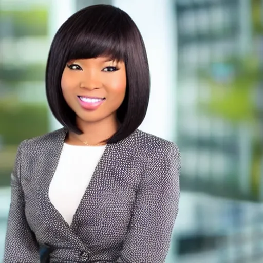 Image similar to a fullbody shot of a beautiful, african - asain female news anchor, with a bob cut, ultra hd, high definition, high quality, crisp, sharp, smooth, 8 k resolution