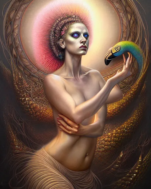 Image similar to a detailed portrait of dreampunk flamingo python hybrid mix beautiful! goddess by tomasz alen kopera and peter mohrbacher