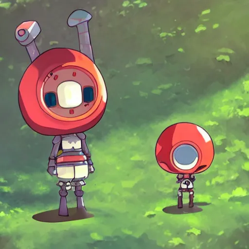 Image similar to cute little robot with tomato head and a carrot sword, made in abyss style standing on a forest