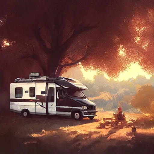 Image similar to an rv under a cottonwood tree, dramatic lighting, illustration by greg rutkowski, yoji shinkawa, 4 k, digital art, concept art, trending on artstation