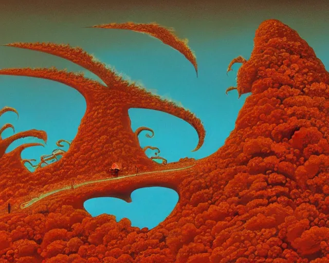 Image similar to roger dean 1 9 8 0 s fire lava volcano imagery, illustration art, album art