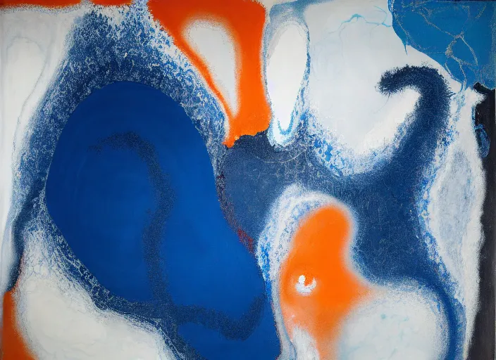 Prompt: swirling abstract painting in dark blue, white, orange, painted by Julian Schnabel, Helen Frankenthaler, Pat Steir and Hilma af Klint, abstract painting, color field painting. 8k, pastose, extreme detail, intricate detail, masterpiece