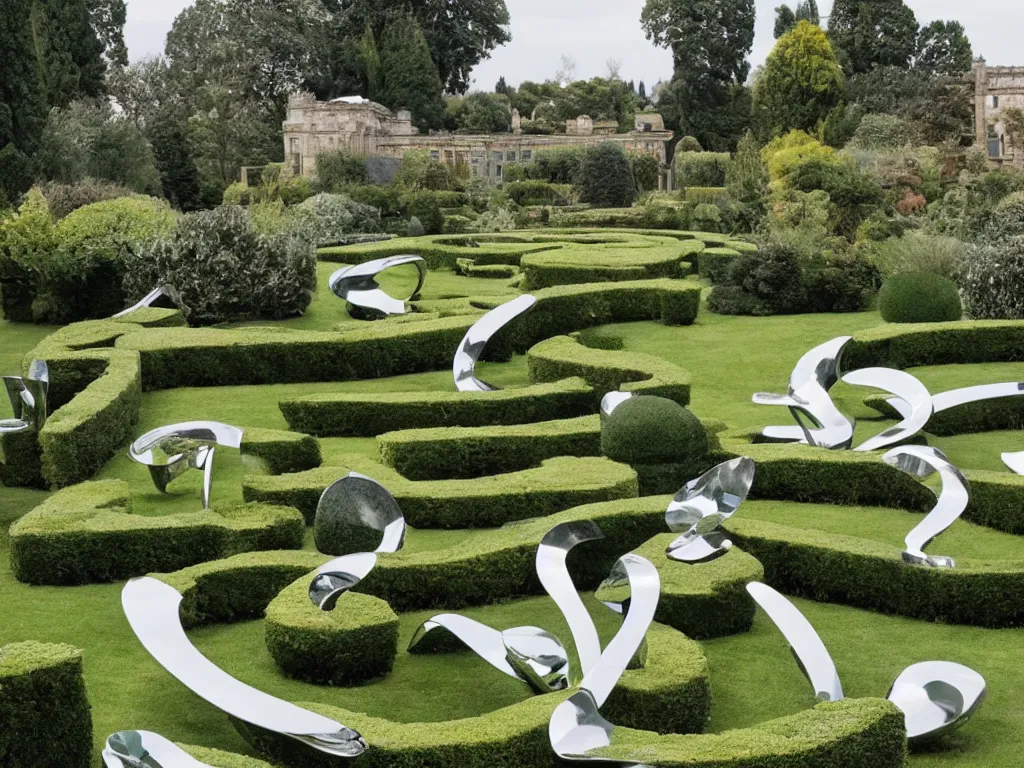 Image similar to giant Italian modern castle formal garden with a modern stainless steel organic shaped modern sculptures with mirror finish by Tony Cragg, photo by Annie Leibovitz