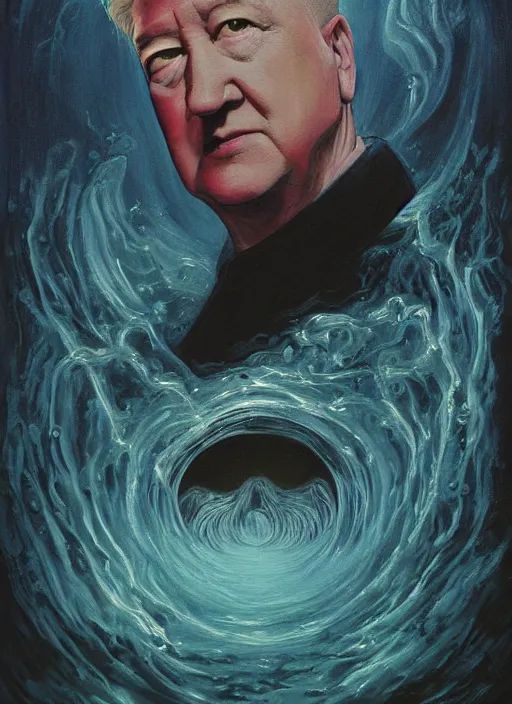 Prompt: a painting of david lynch in the water, poster art by chris moore, cg society contest winner, digital art, movie poster, cosmic horror, lovecraftian