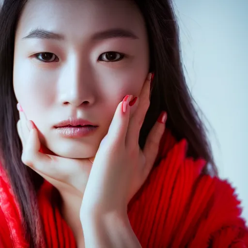 Prompt: a close up shot of a young woman holding her face which is illuminated by red light by kang, hyung koo, callas sigma 8 5 mm f / 1. 4.