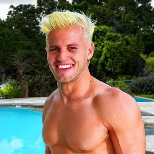 Image similar to a handsome man with blonde hair, ken, who is a male android, muscular, wearing a cut - off pink top and short light orange shorts, stands by a swimming pool, facing forward