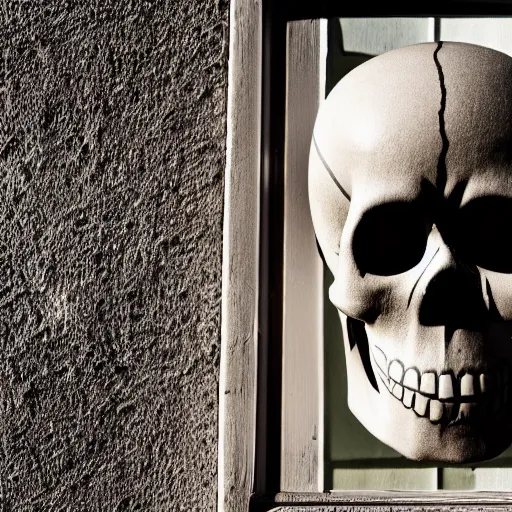 Prompt: photograph of a Dia de Los Muertos style skull on a windowsill, with the sun beaming in. The camera is below the skull, looking up to it