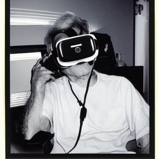 Image similar to Timothy Leary sitting Down with a VR headset on, 1994, Polaroid