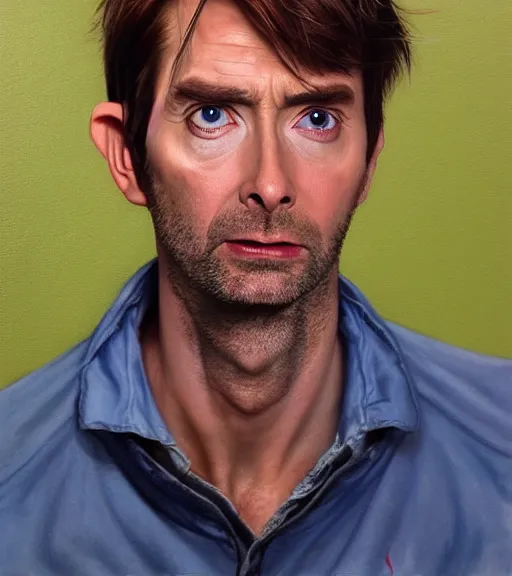 Image similar to medium shot portrait of david tennant as a golfer, white cap, beige and blue overstich, very detailed eyes, hyperrealistic, very detailed painting by Glenn Fabry, by Joao_Ruas