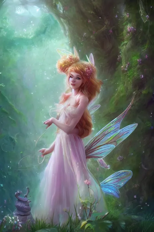 Image similar to a cute fairy in the dreamy forest, fantasy, dreamlike, 8 k resolution, hyper detailed, d & d, character design, digital painting, trending on artstation, sharp focus, illustration, art by viktoria gavrilenko, hoang lap, fuji choko, steve zheng