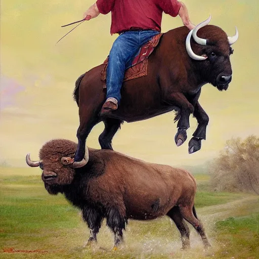 Image similar to Joe Biden riding a buffalo, painting by Jon McNaughton