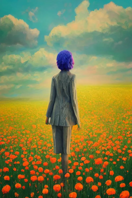 Image similar to closeup, giant flower head, girl in suit standing in a field of flowers, surreal photography, sunrise, blue sky, dramatic light, impressionist painting, digital painting, artstation, simon stalenhag