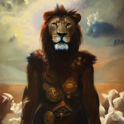 Image similar to mystical cosmic goth lion viking messenger queen, oil painting by greg rutkowski, james jean, frank crozier, ellis silas, john singer sargent, george bellows, georgia o keeffe. 4 k high - quality, emotional