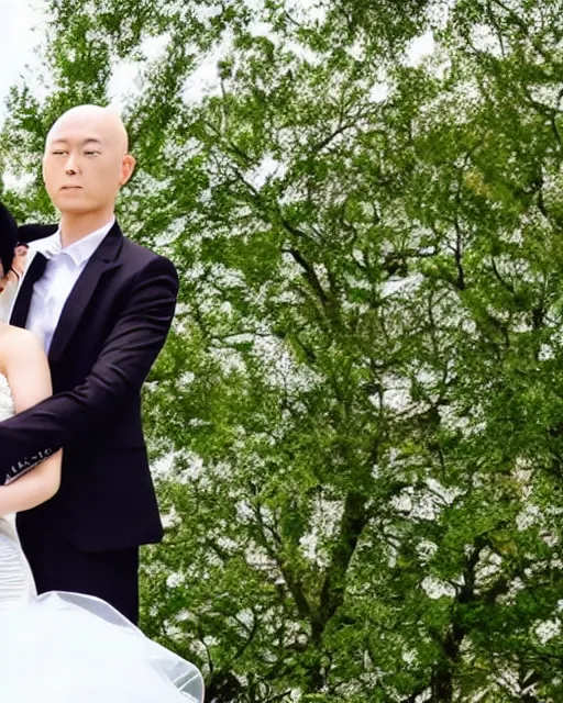 Image similar to saitama one punch man instagram couple's wedding photo shoot, closeup photo