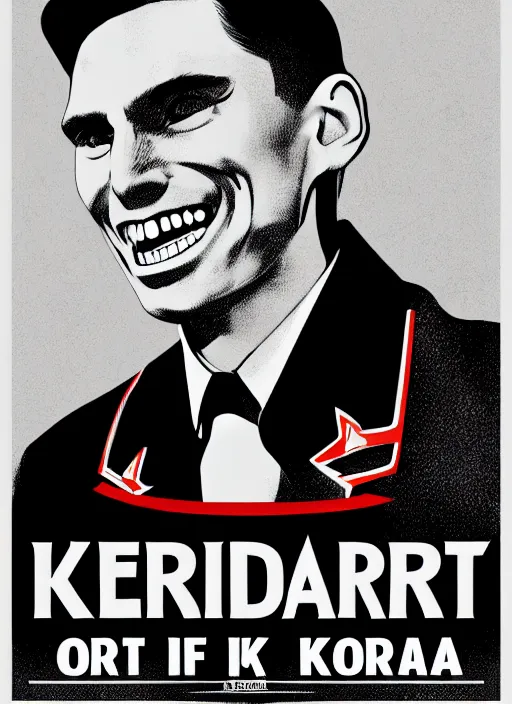 Image similar to propaganda poster smiling jerma as dictator of north korea, 8 k, trending on artstation