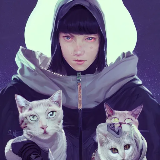 Image similar to a pale skinny white young girl, black hair, the hime cut, in a black hoodie, and two cats, apex legends character, digital illustration portrait design, by android jones and greg rutkowski, retrowave color scheme, detailed, cinematic lighting, wide angle action dynamic portrait