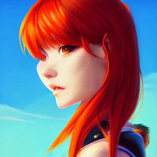 Image similar to portrait of Asuka Langley Soryu, League of Legend illustration by Sam Youn and Gil Elvgren and Sachin Teng, asymmetrical, profile picture, Organic Painting, sunny day, Matte Painting, bold shapes, hard edges, street art, trending on artstation