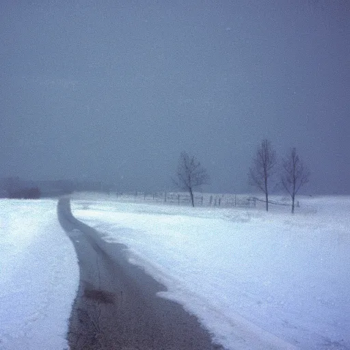 Prompt: photo of kansas flint hills covered in ice and snow, during a snowstorm. a old man in a trench coat and a cane appears as a hazy silhouette in the distance, looking back over his shoulder. cold color temperature. blue hour morning light, snow storm. hazy atmosphere. humidity haze. kodak ektachrome, greenish expired film, award winning, low contrast.