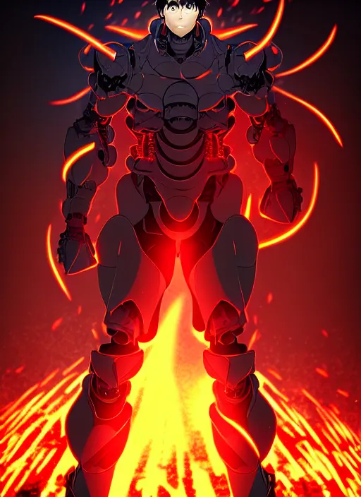 Image similar to a detailed manga full body portrait illustration of a dark haired cyborg anime man surrounded by fire, detailed artwork, realism, 4 k resolution, detailed, high quality, sharp focus, hq artwork, insane detail, volumetric lighting, character concept art, fine details, clear subject, central subject