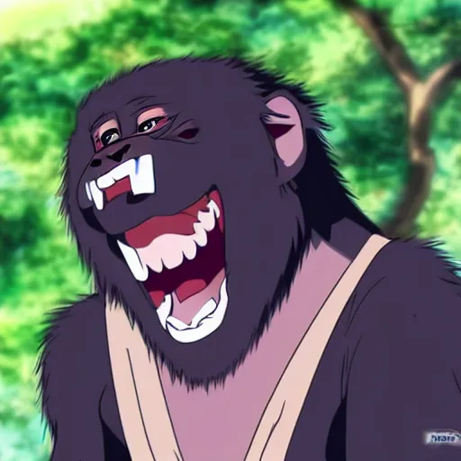 Image similar to mountain gorilla laughing, anime style