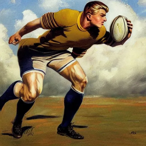 Image similar to handsome blonde rugby player in a running pose, side view, holding the rugby ball in his arm, full color painting by J.C. Leyendecker