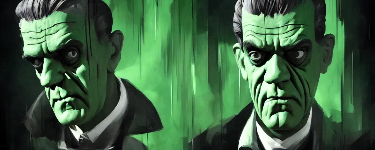 Image similar to duotone noir dark ghastly green concept illustration 3 / 4 portrait of boris karloff as frankenstein. cinematic scene film noir. volumetric lighting. golden rario accidental renaissance. by sachin teng and sergey kolesov and ruan jia and heng z. graffiti art, scifi, fantasy, hyper detailed. octane render. concept art. trending on artstation