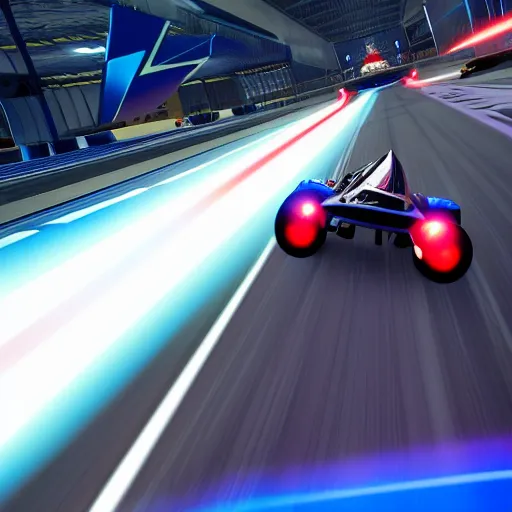 Image similar to new f - zero game 2 0 2 5, ps 5, rtx graphics, ultra reflections, unreal engine 5, f - zero rtx remaster, high - speed, blue tint, sci - fi flying racecars, artstation, photorealistic screenshot, bokeh, still, 5 0 mm, next - gen game