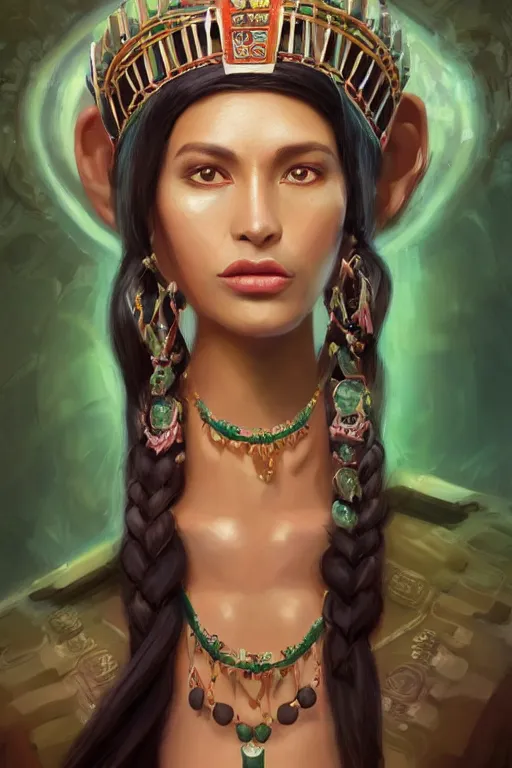 Image similar to a professionally painted portrait of a mayan queen , clothed in jade jewelry , olive skin, long dark hair, beautiful bone structure, symmetrical facial features, intricate, elegant, digital painting, trending on Artstation, concept art, smooth, sharp focus, illustration, from Rayman legends by Ruan Jia and Mandy Jurgens and Artgerm and William-Adolphe Bouguerea, award winning