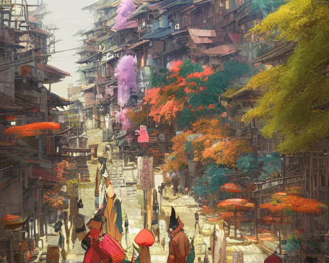 Image similar to street-level view of a colorful kitsune city, bamboo, flowers, anime, fox people, a fantasy digital painting by Greg Rutkowski and James Gurney, trending on Artstation, highly detailed