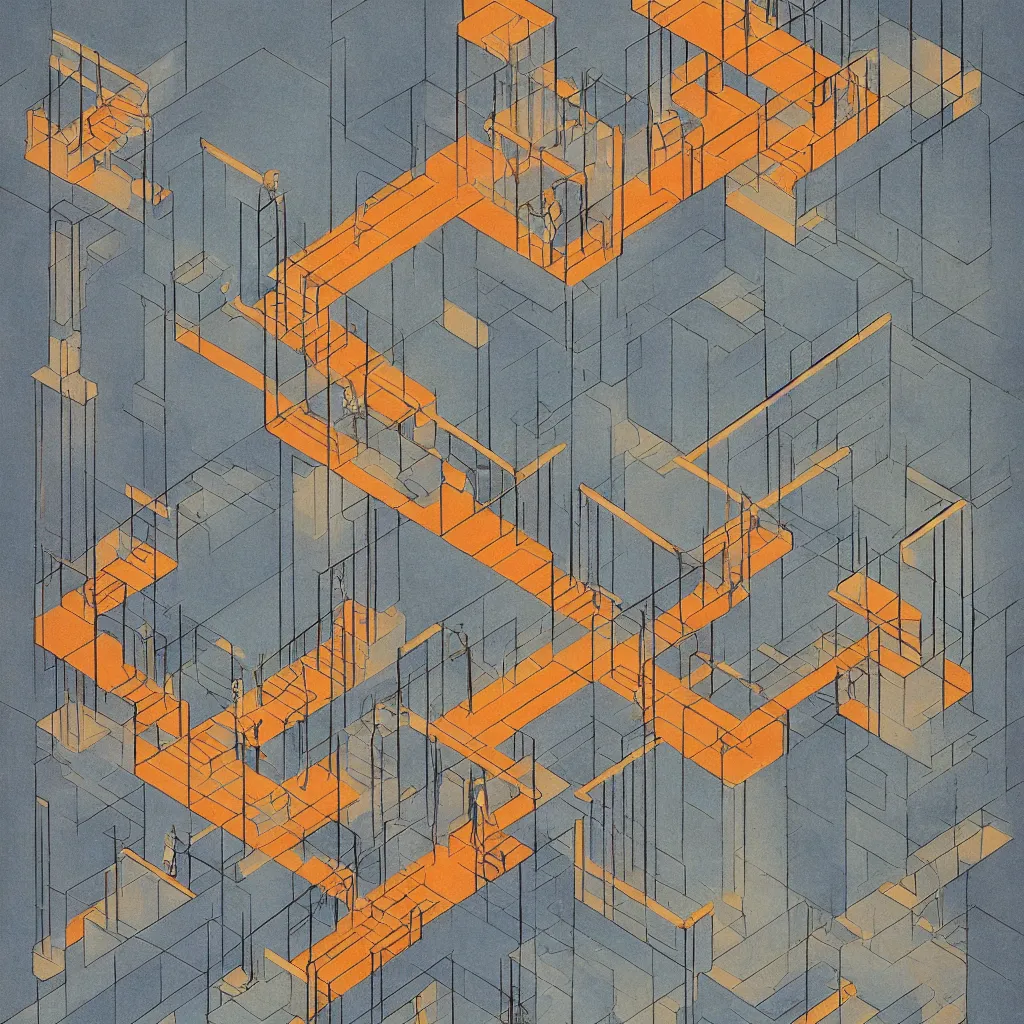 Prompt: isometric artdeco infinite stairs at night by frank lloyd wright, isometric, painted by piet mondrian