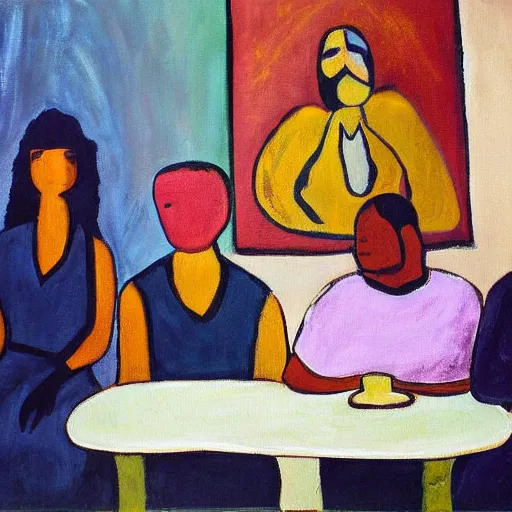 Prompt: The painting depicts two people, a man and a woman, sitting at a table. The man is looking at the woman with a facial expression that indicates he is interested in her. The woman is looking at the man with a facial expression that indicates she is not interested in him. There is a lamp on the table between them. by Emily Kame Kngwarreye, by Diego Dayer perspective