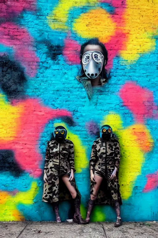 Image similar to a surreal portrait of two women wearing gas masks camouflaged into a wall of colorful graffiti in the style of brooke didonato, editorial fashion photography from vogue magazine, full shot, nikon d 8 1 0, ƒ / 2. 5, focal length : 8 5. 0 mm, exposure time : 1 / 8 0 0, iso : 2 0 0