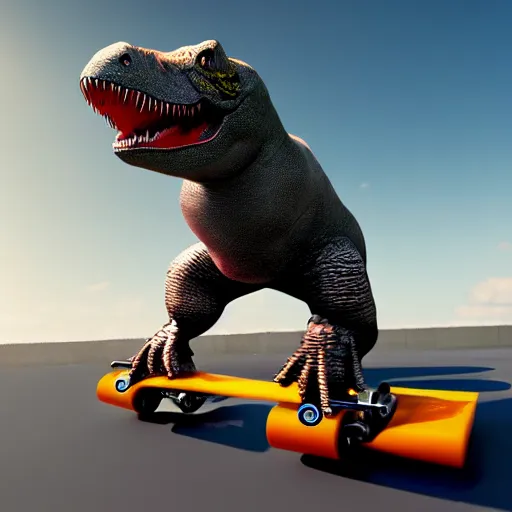 Image similar to t-rex surfing on tricks on a skateboard, raytracing, 4k