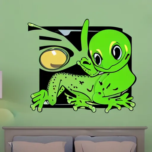 Image similar to cartoon sticker of cute light green gecko on vinyl with light shading in the background