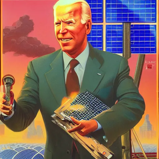 Image similar to solarpunk soviet propaganda of joe biden standing in front of solar panels by j. c. leyendecker, bosch, lisa frank, jon mcnaughton, and beksinski